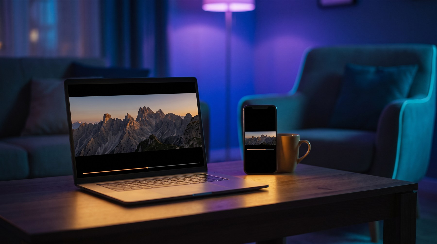 A laptop and an iPhone side by side on a coffee table at night, both playing the same film in a clean dark browser window