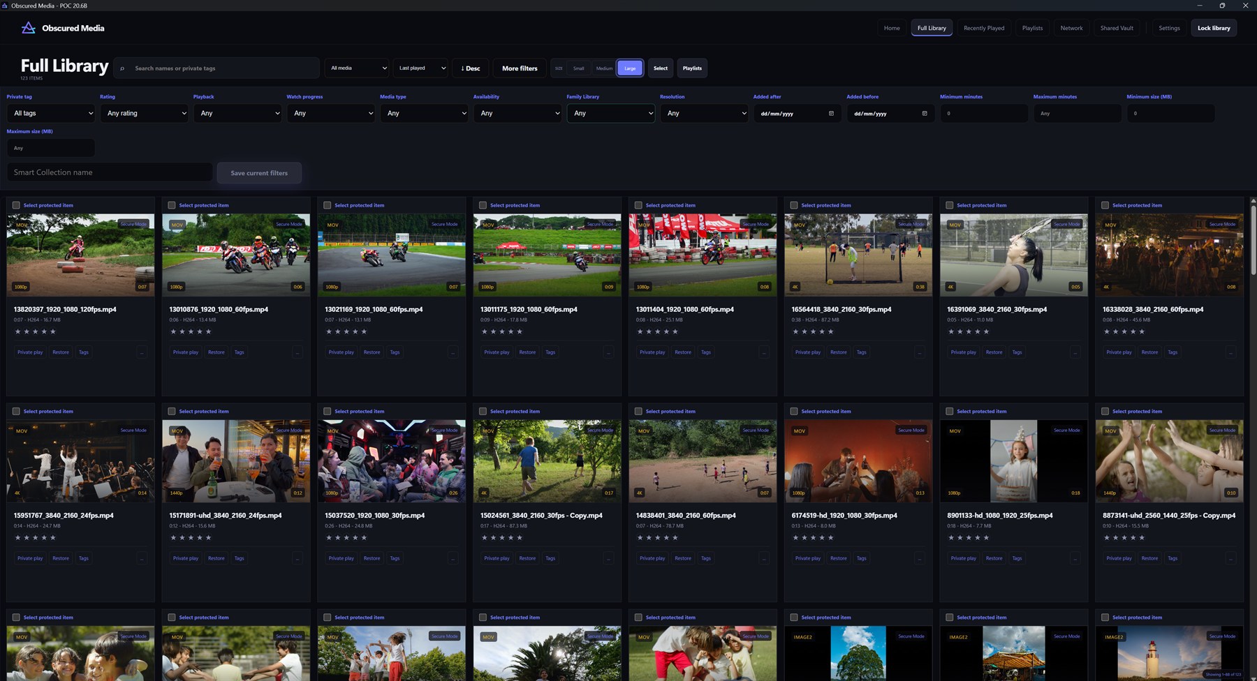 The Full Library with every filter open: private tag, rating, playback, watch progress, media type, availability, Family Library, resolution, dates, duration and size — plus a Save current filters button for Smart Collections