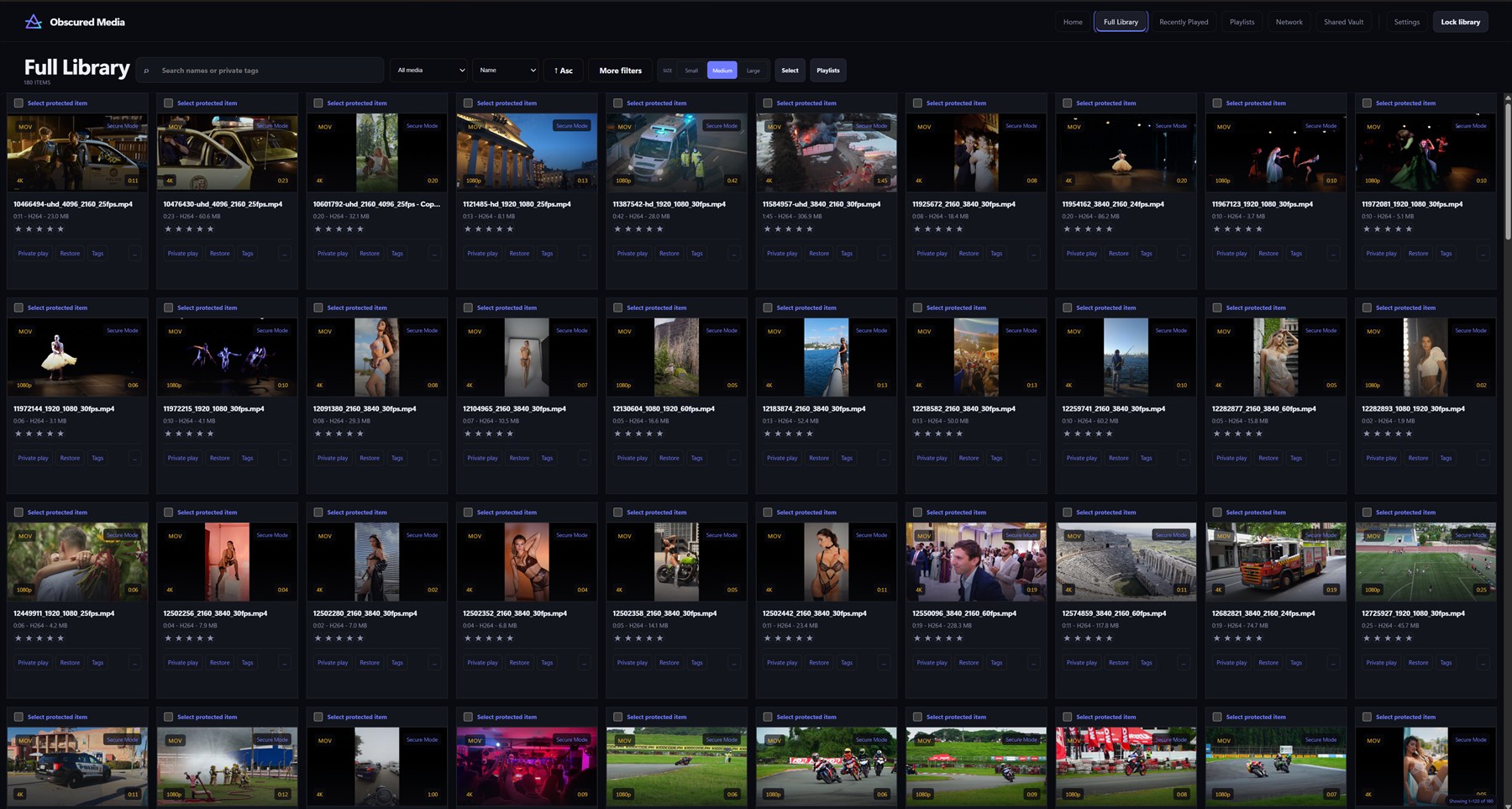 The Obscured Media Full Library: a grid of real video thumbnails with search, filters, ratings and one-click Private play — every file encrypted on disk
