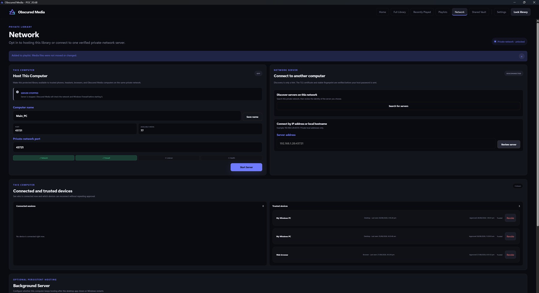 The Network screen: Host This Computer with a Start Server button and readiness checks, plus the connected and trusted devices list with Revoke buttons