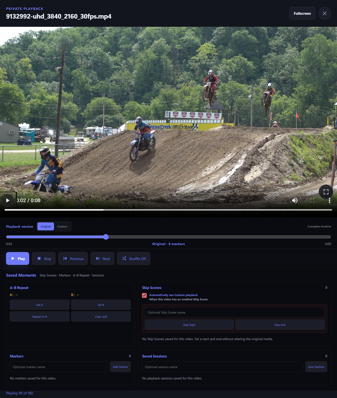 The private player mid-playback: video, timeline, A–B repeat, skip scenes, markers and saved sessions — with a Fullscreen button