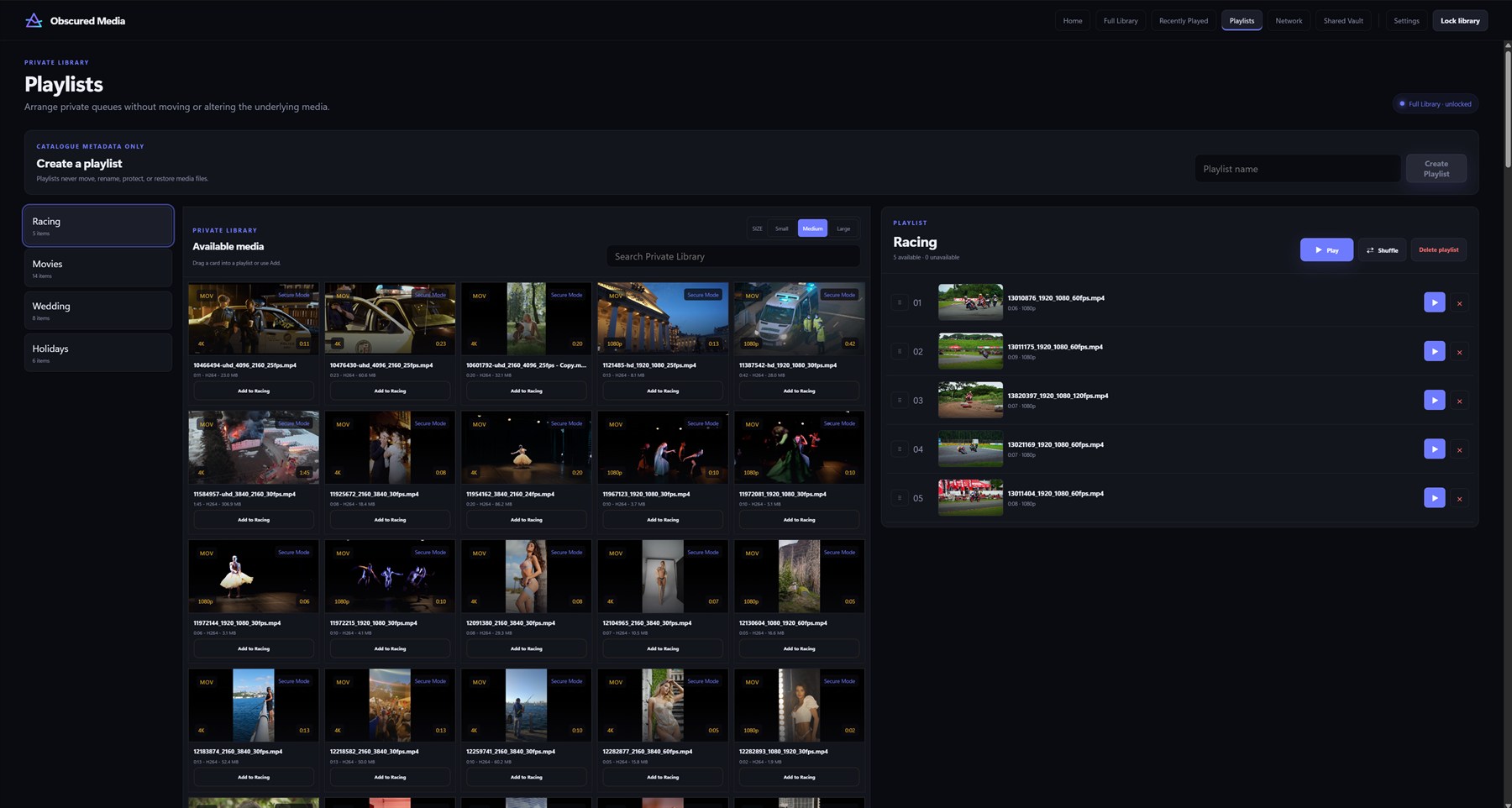 The Playlists screen: the library on the left with real thumbnails, a Racing playlist on the right with play and shuffle controls