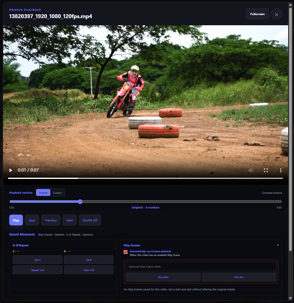 The private player's Saved Moments panel: a Playback version toggle between Original and Custom, A–B Repeat controls, and Skip Scenes with Skip Start and Skip End buttons
